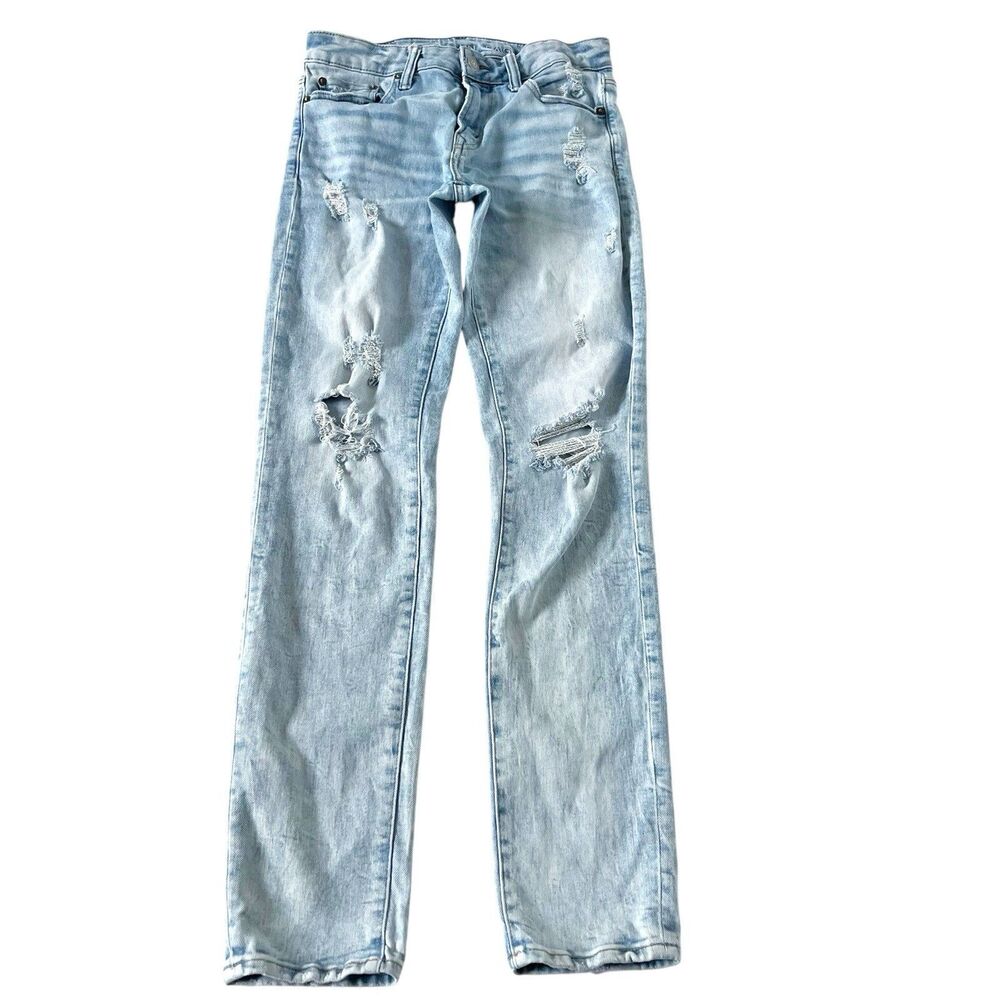 American Eagle Jeans Mens 30x34 Airflex+ Skinny Jeans Light Wash Distressed